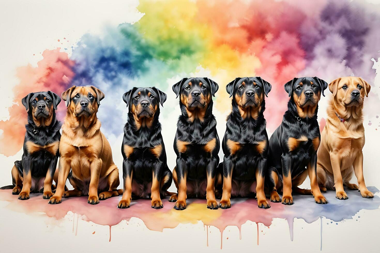 conjunto de perros raza Rottweiler pintado en realista vistoso arco iris acuarela en blanco antecedentes foto