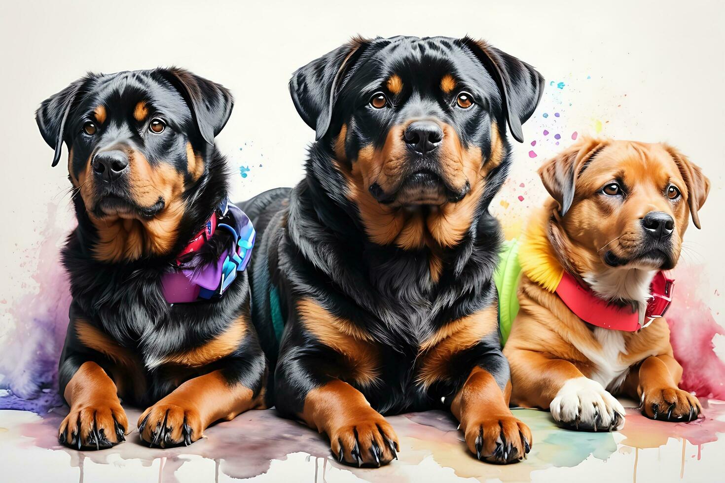 Set of dogs breed Rottweiler painted in realistic colorful rainbow watercolor on white background photo