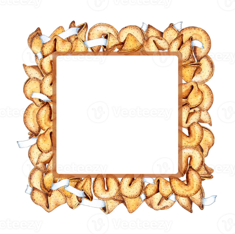 Watercolor illustration of a square fortune cookie frame. Chinese holiday cookies. Chinese New Year. Fortune cookies. Isolated. Hand drawn. png