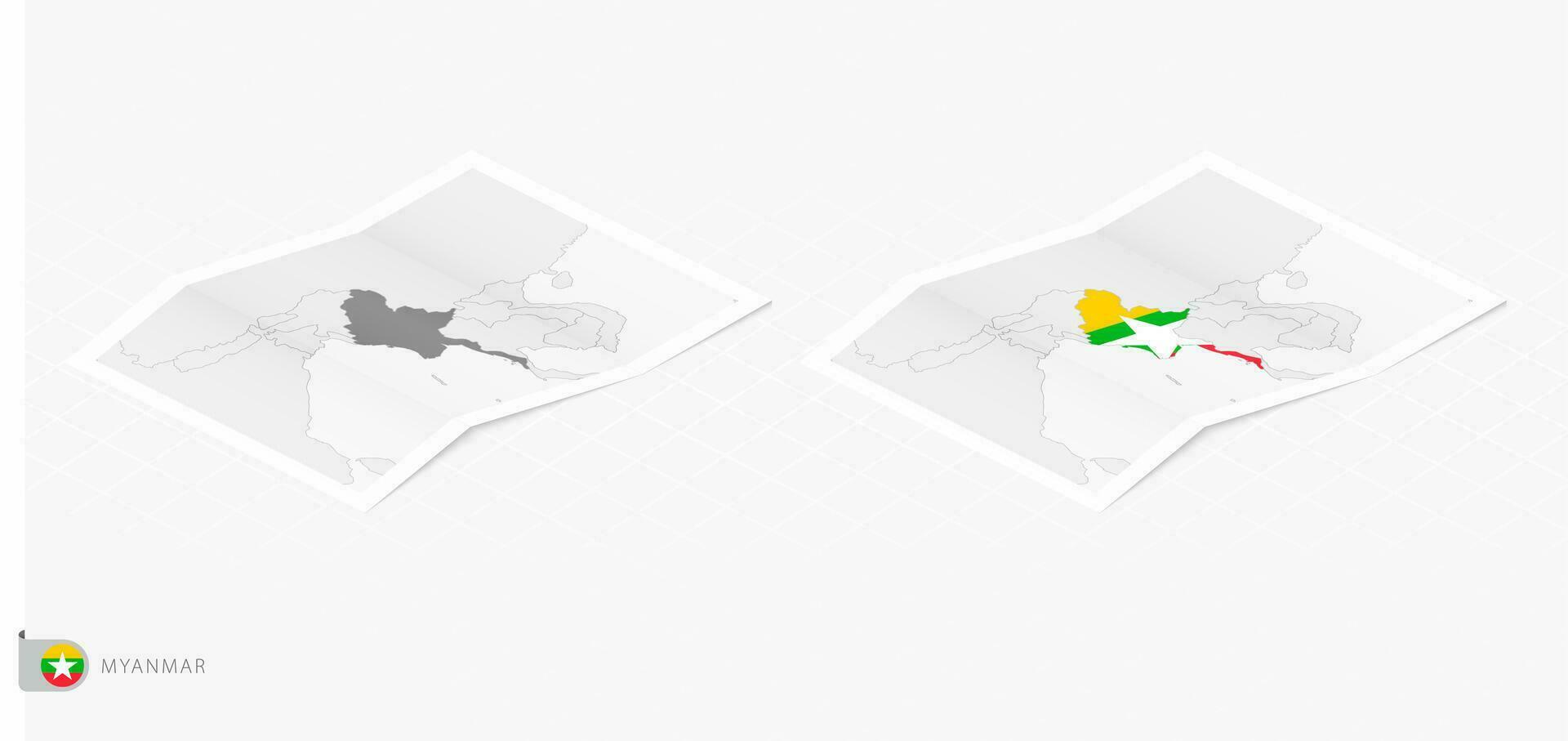 Set of two realistic map of Myanmar with shadow. The flag and map of Myanmar in isometric style. vector