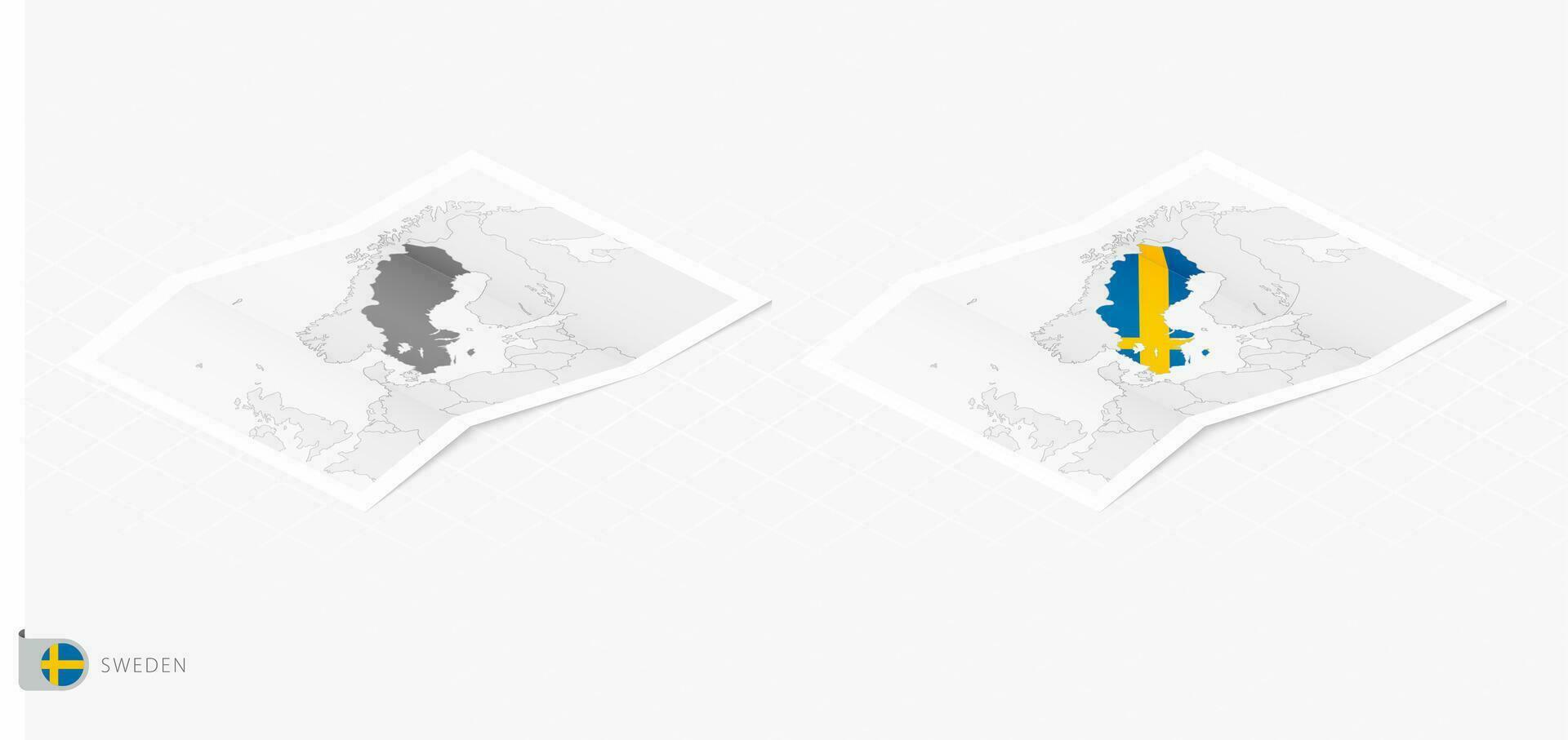 Set of two realistic map of Sweden with shadow. The flag and map of Sweden in isometric style. vector