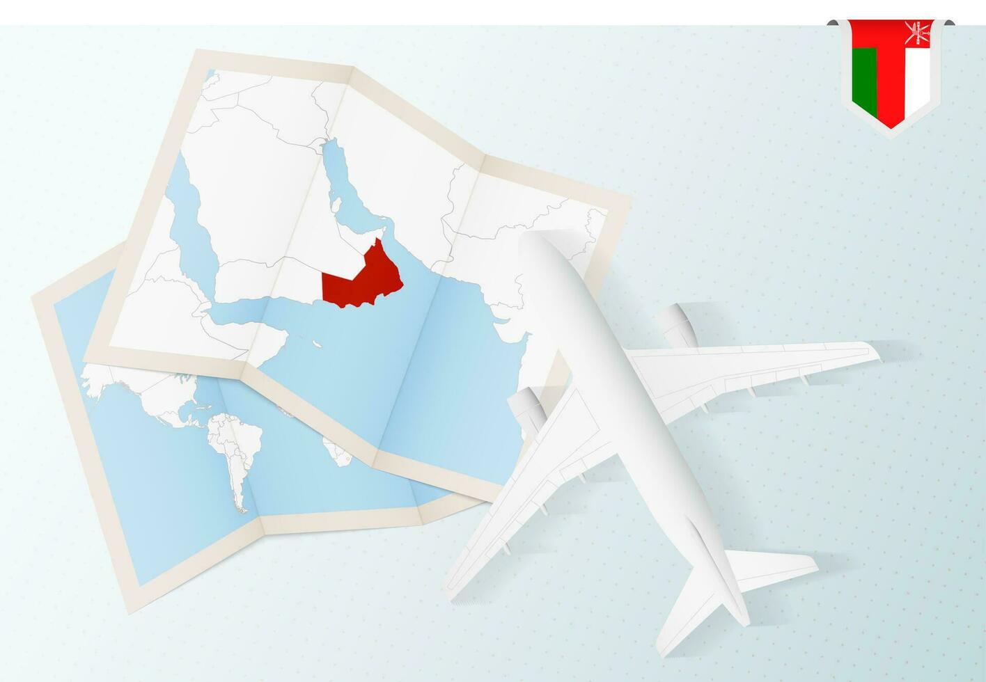 Travel to Oman, top view airplane with map and flag of Oman. vector