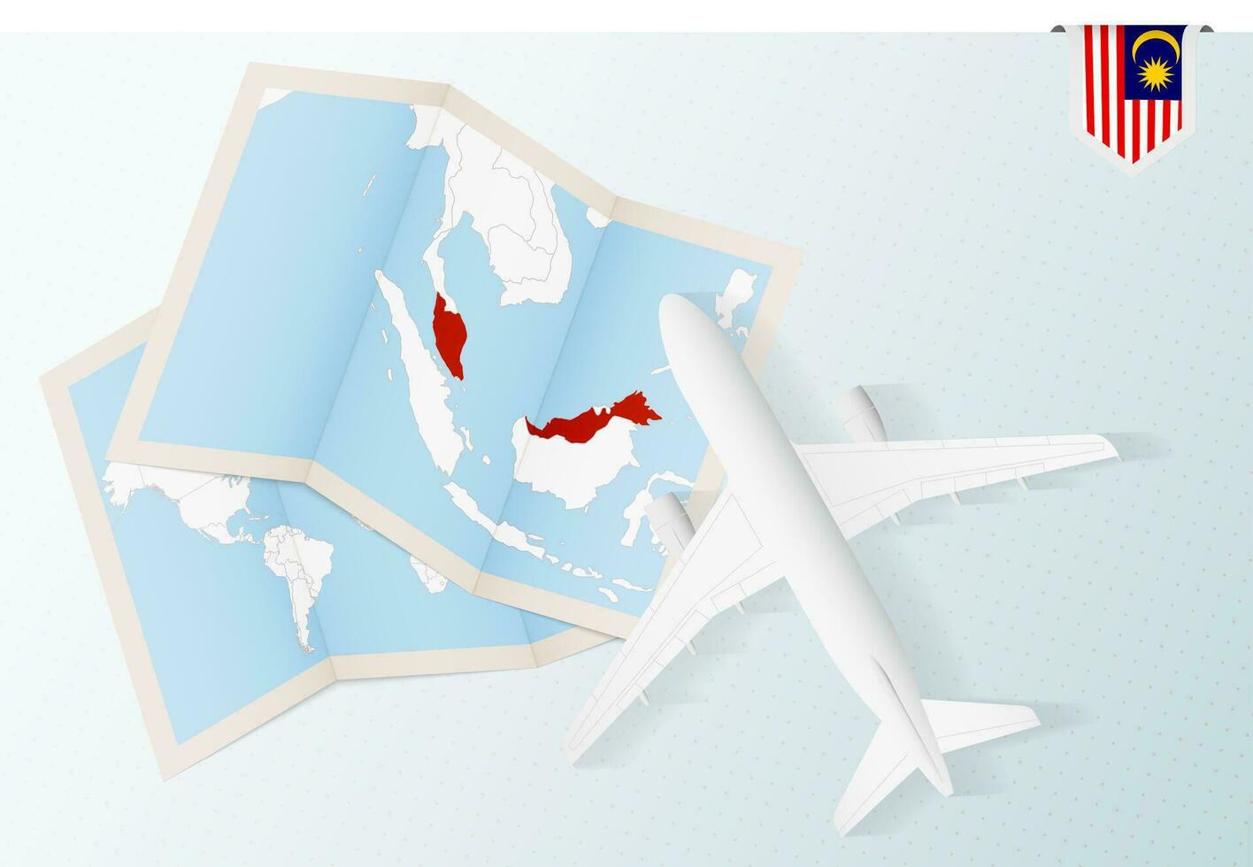 Travel to Malaysia, top view airplane with map and flag of Malaysia. vector