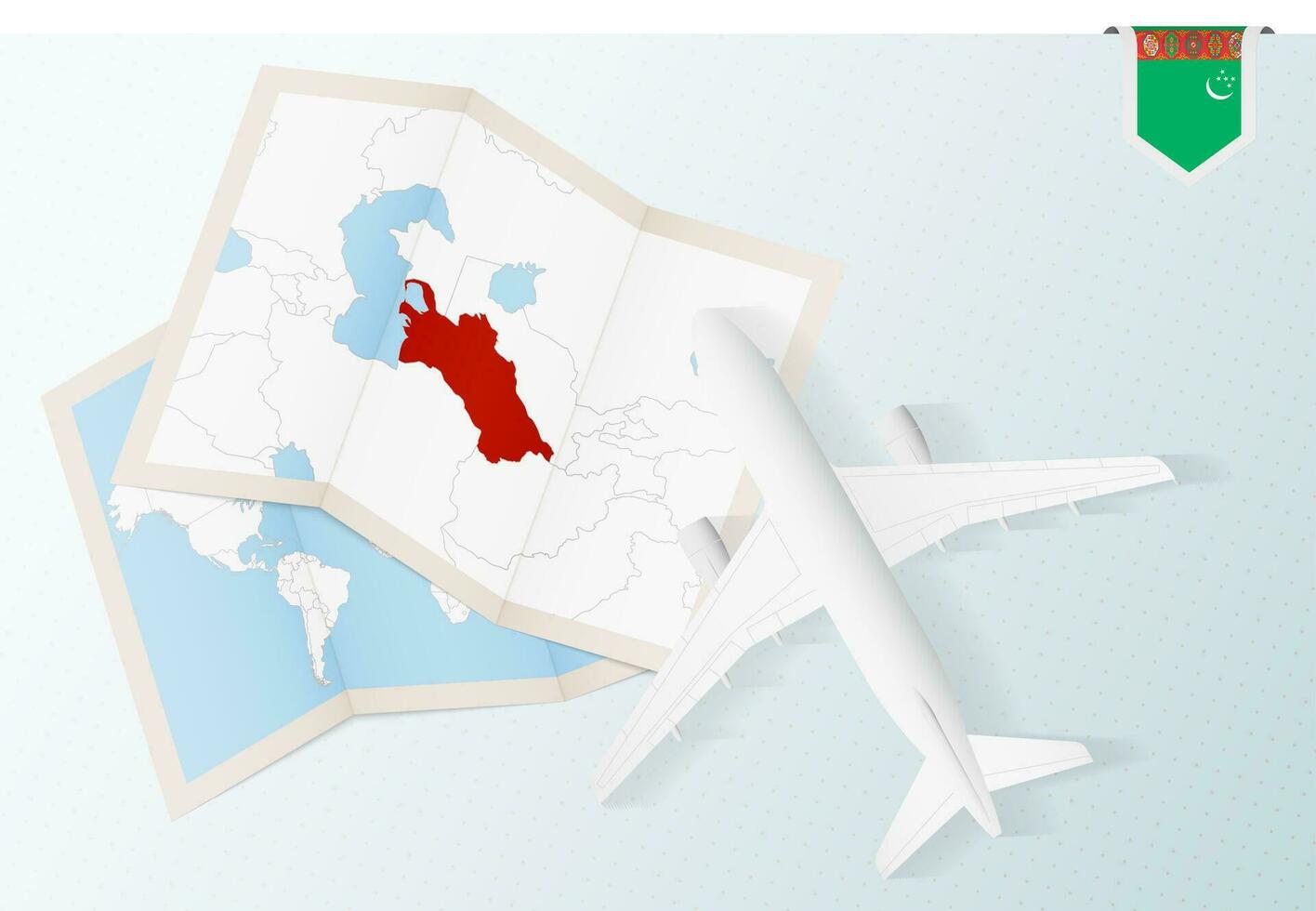 Travel to Turkmenistan, top view airplane with map and flag of Turkmenistan. vector