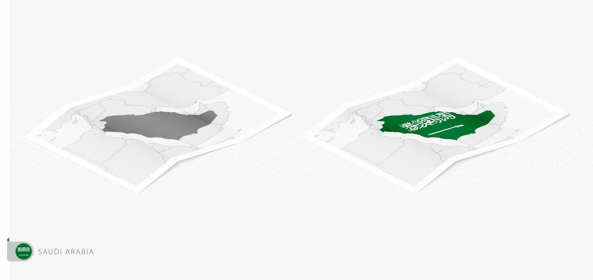 Set of two realistic map of Saudi Arabia with shadow. The flag and map of Saudi Arabia in isometric style. vector