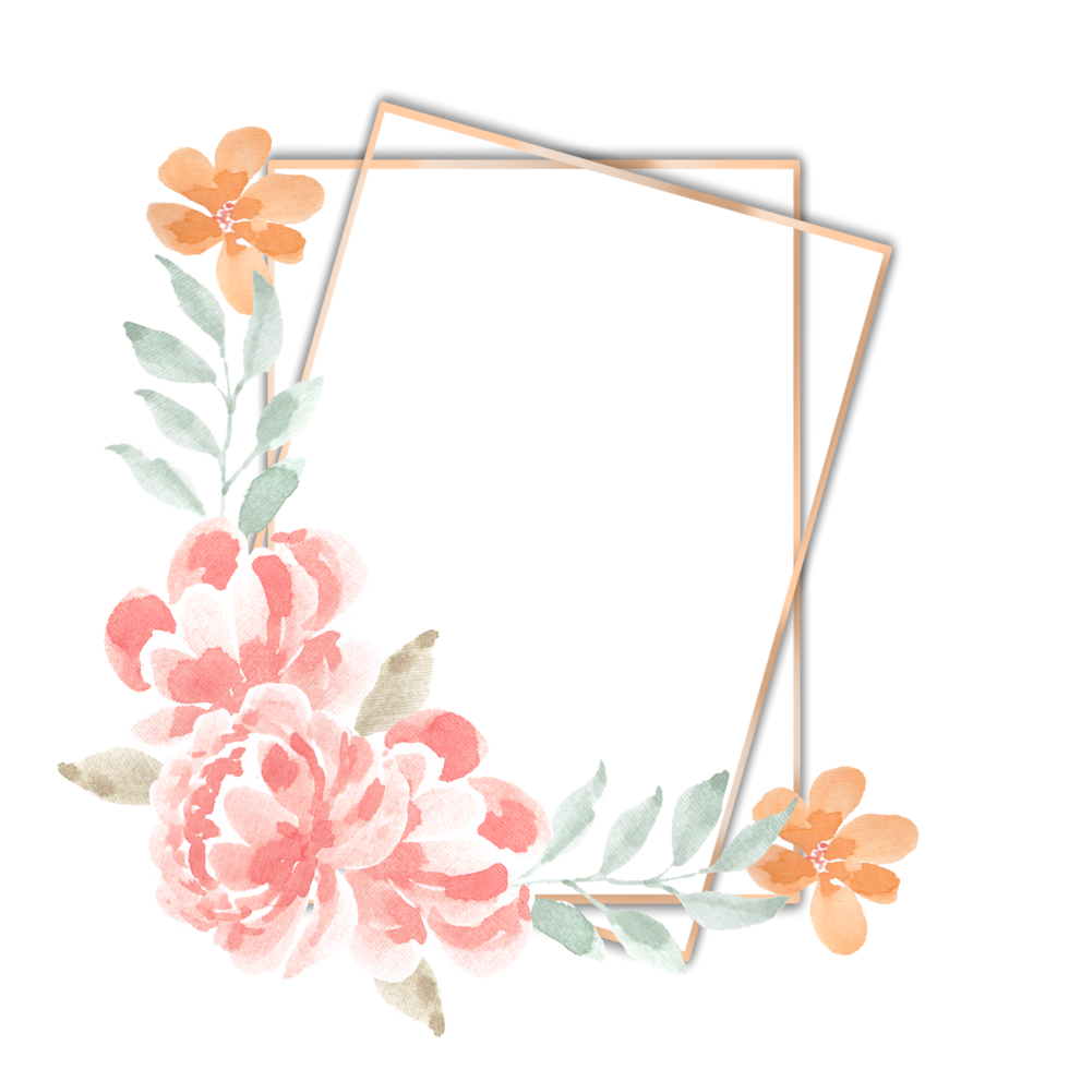 Orange Rose Watercolor Flower Gold Frame png