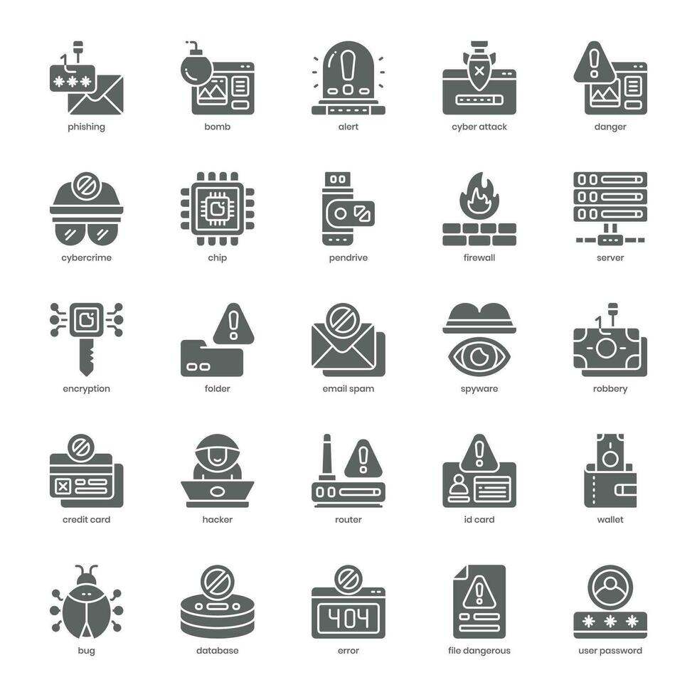 Cyber Crime icon pack for your website design, logo, app, and user interface. Cyber Crime icon glyph design. Vector graphics illustration and editable stroke.