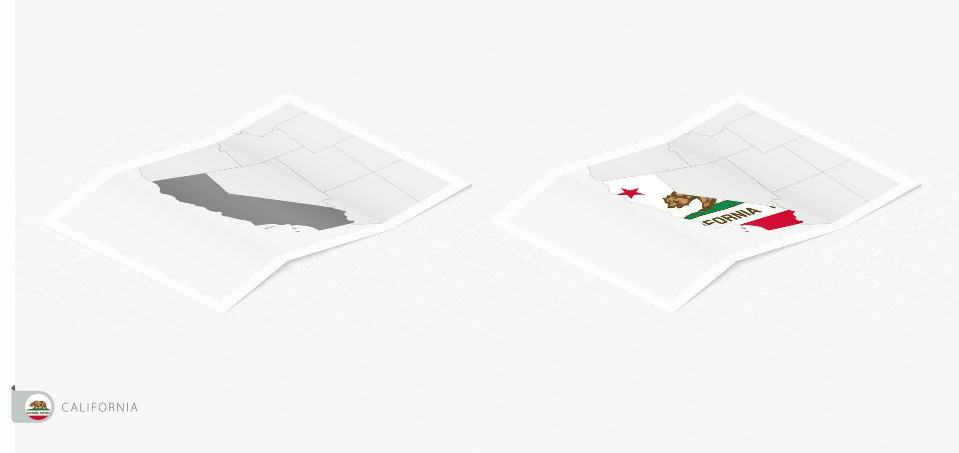 Set of two realistic map of California with shadow. The flag and map of California in isometric style. vector