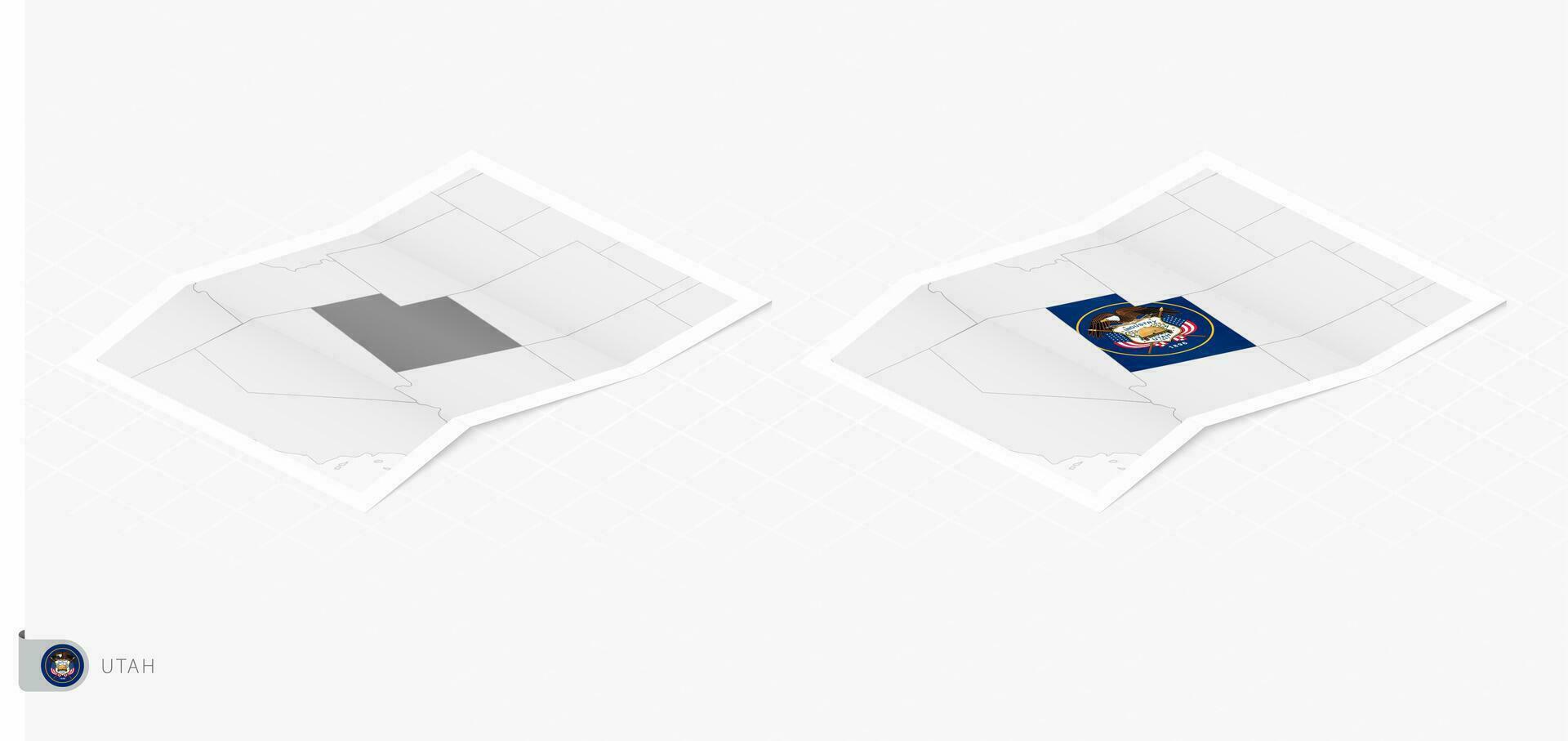 Set of two realistic map of Utah with shadow. The flag and map of Utah in isometric style. vector