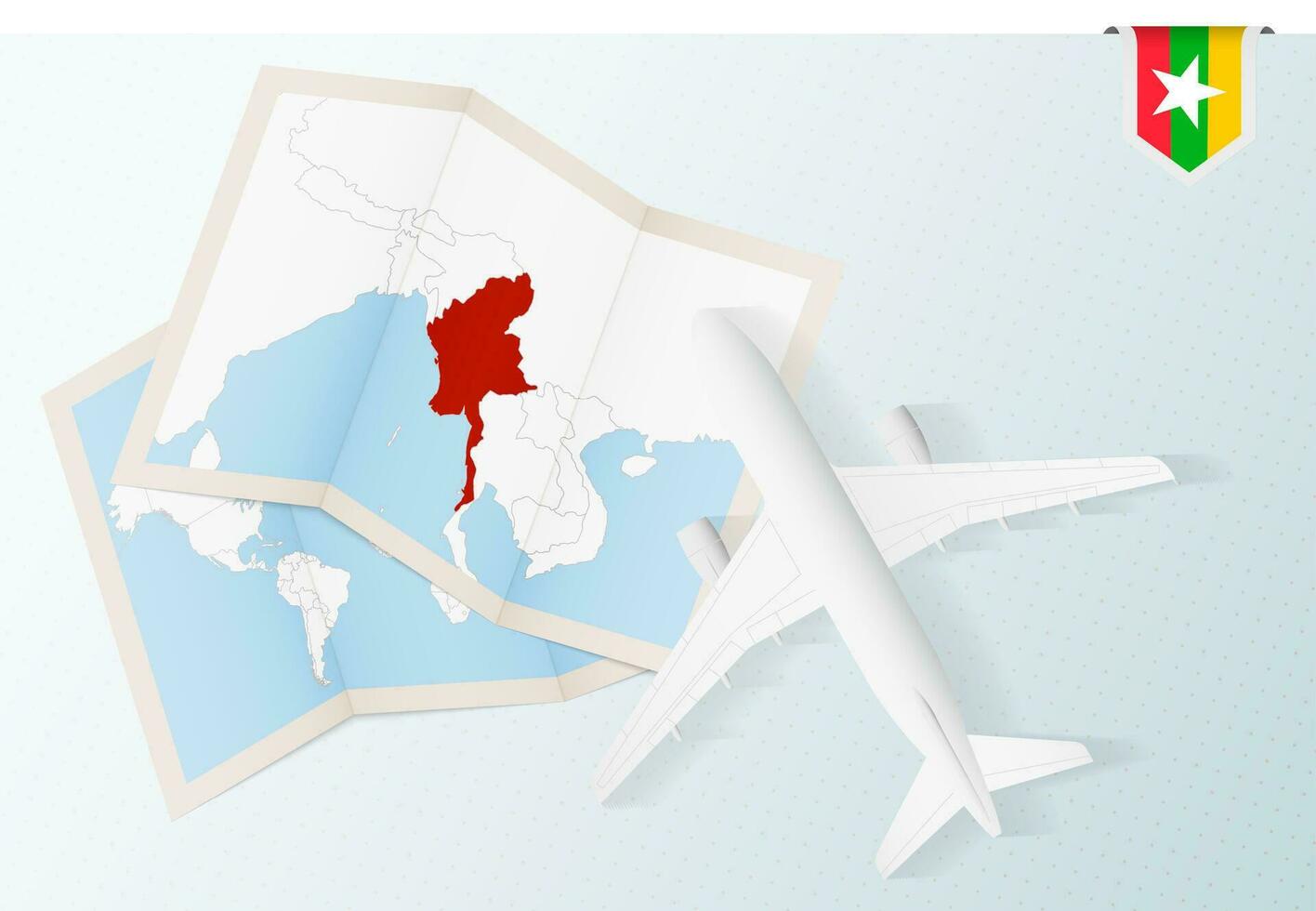 viaje a myanmar, parte superior ver avión con mapa y bandera de myanmar. vector