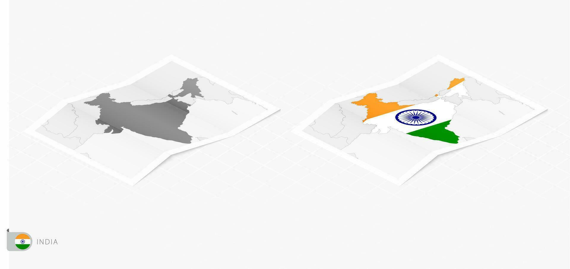 Set of two realistic map of India with shadow. The flag and map of India in isometric style. vector