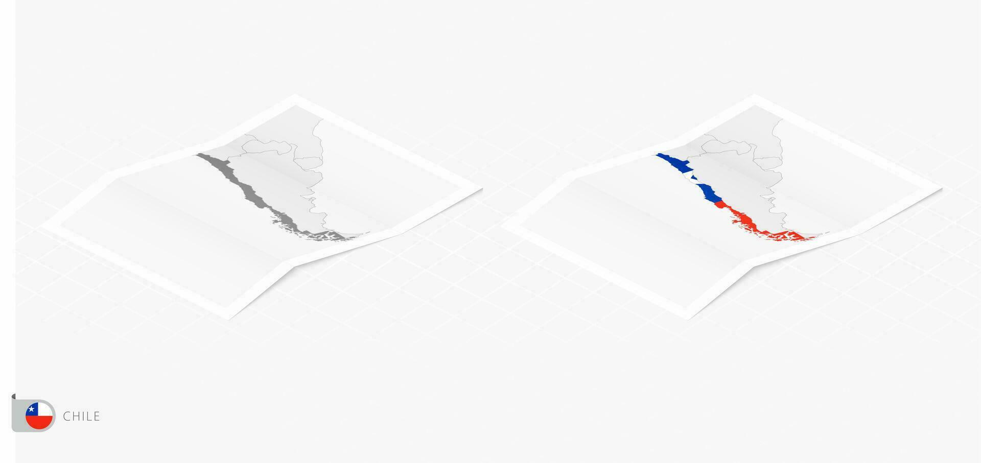 Set of two realistic map of Chile with shadow. The flag and map of Chile in isometric style. vector