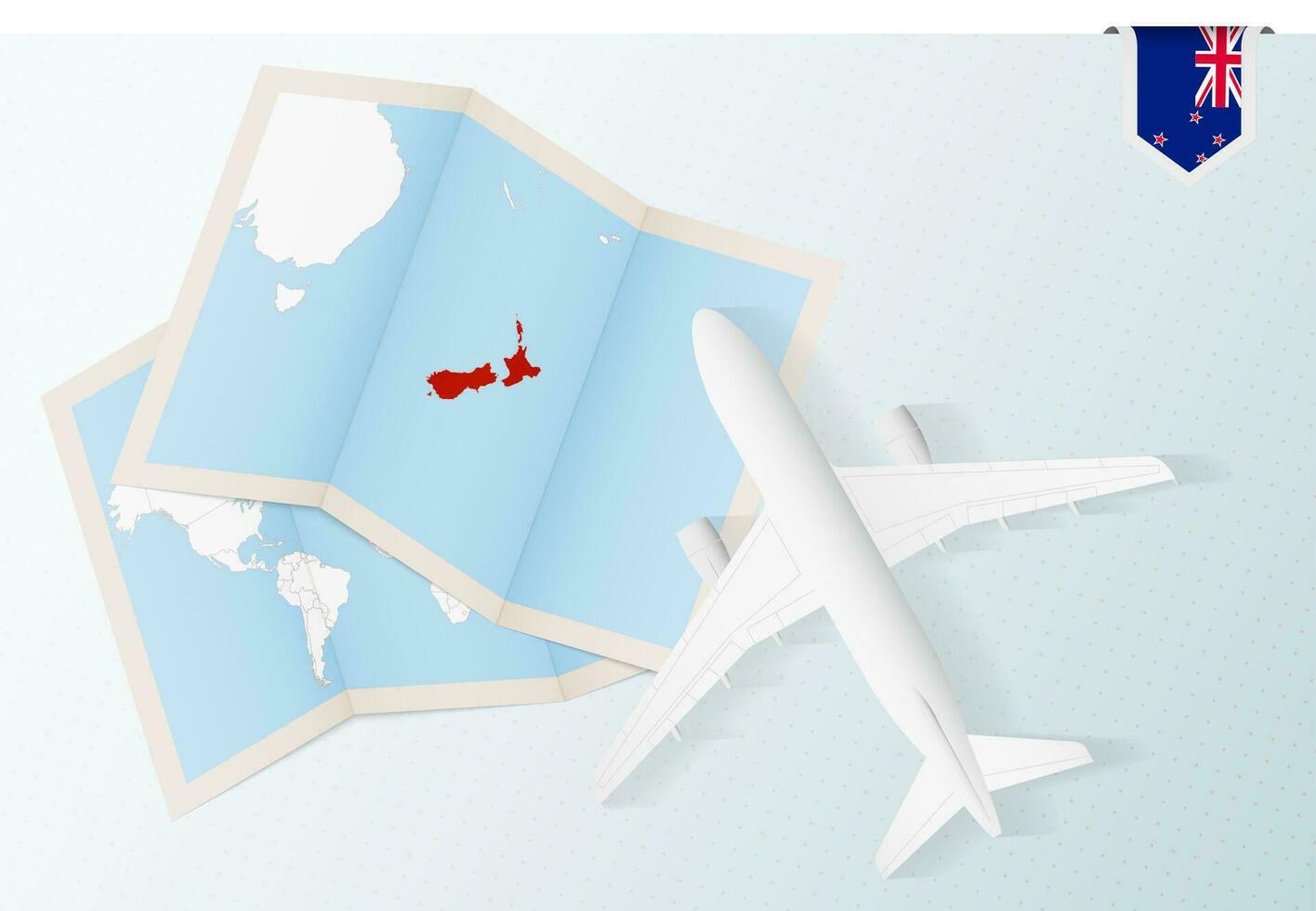 Travel to New Zealand, top view airplane with map and flag of New Zealand. vector