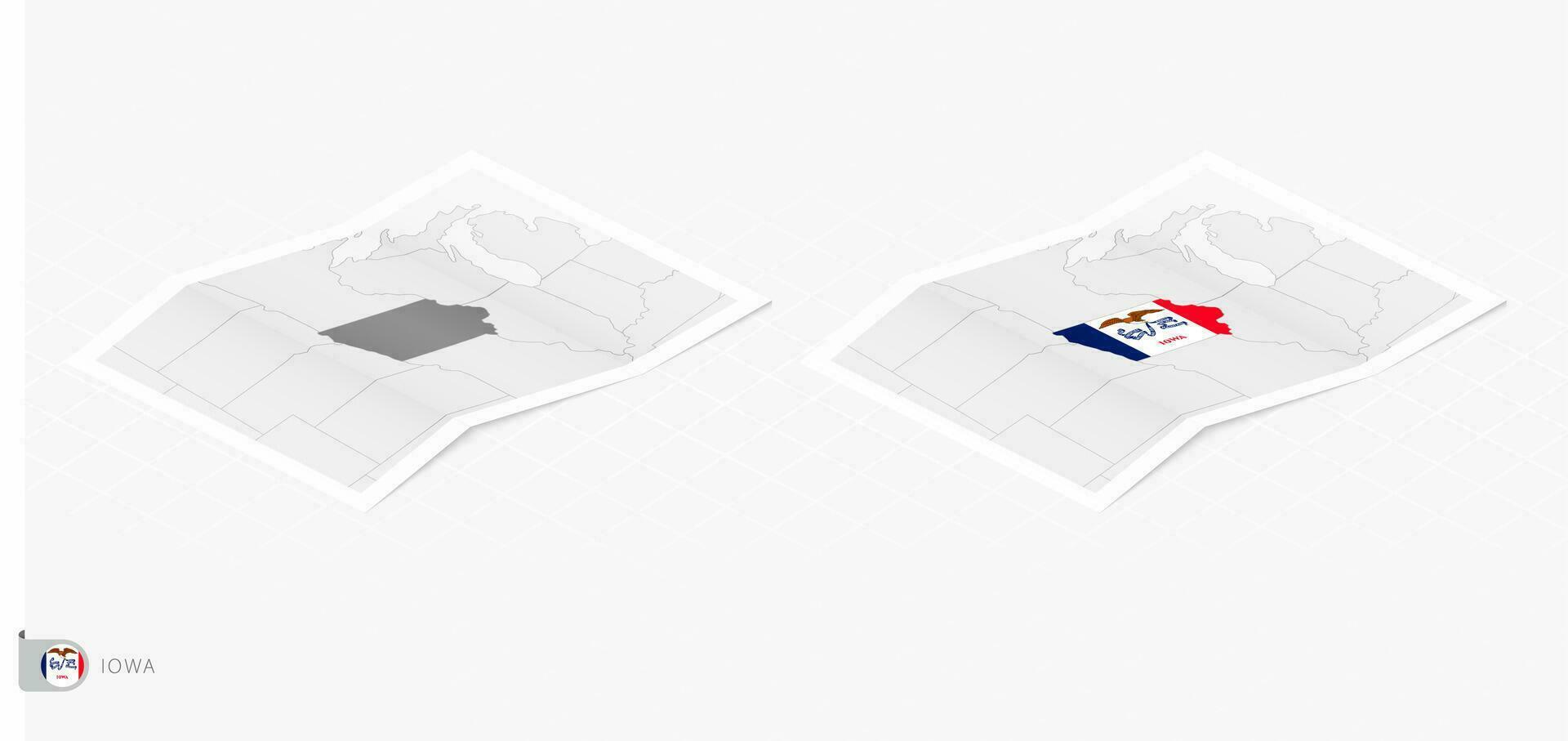 Set of two realistic map of Iowa with shadow. The flag and map of Iowa in isometric style. vector