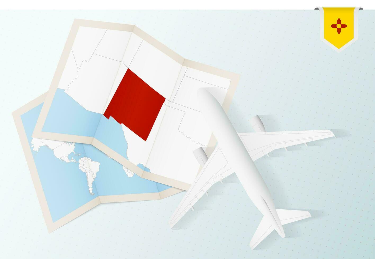 viaje a nuevo México, parte superior ver avión con mapa y bandera de nuevo México. vector