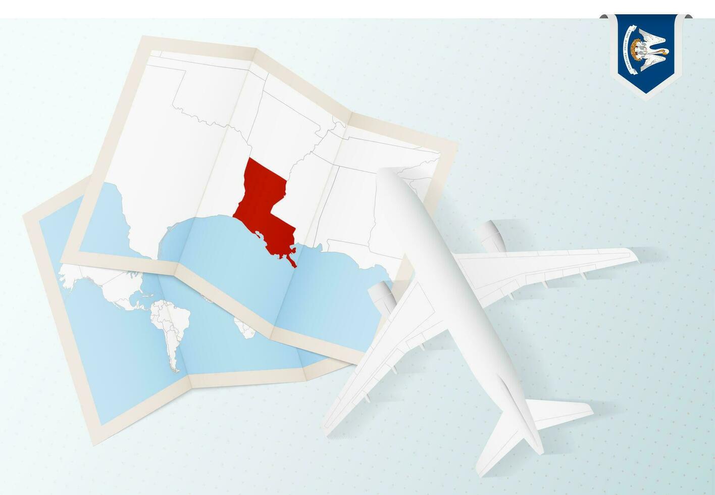 Travel to Louisiana, top view airplane with map and flag of Louisiana. vector