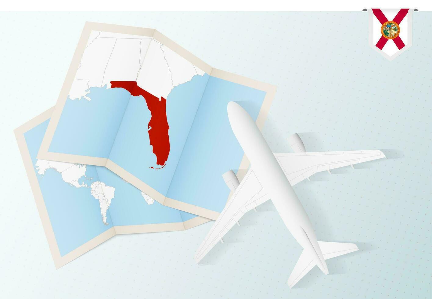 viaje a Florida, parte superior ver avión con mapa y bandera de Florida. vector