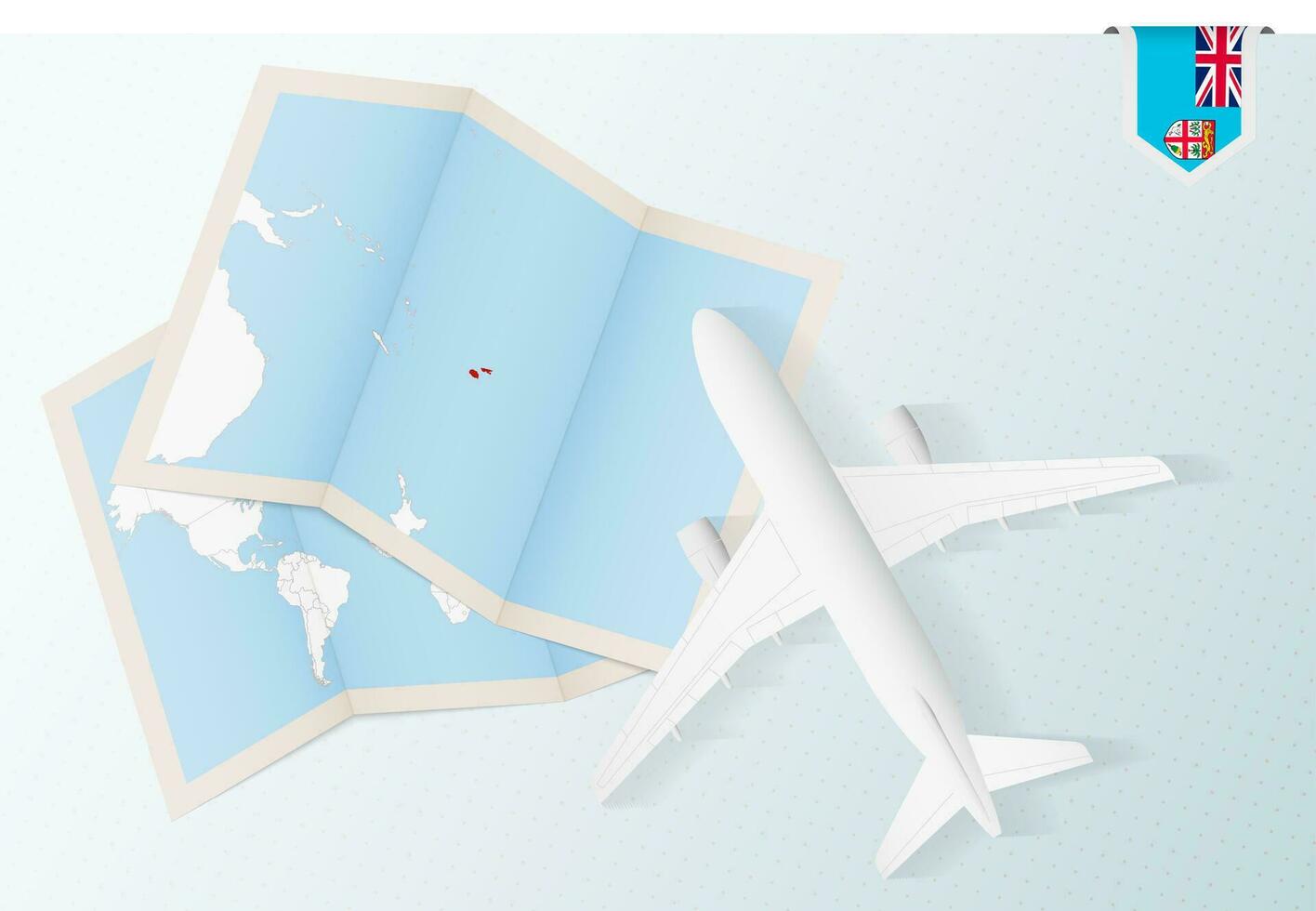 viaje a fiyi, parte superior ver avión con mapa y bandera de fiyi vector