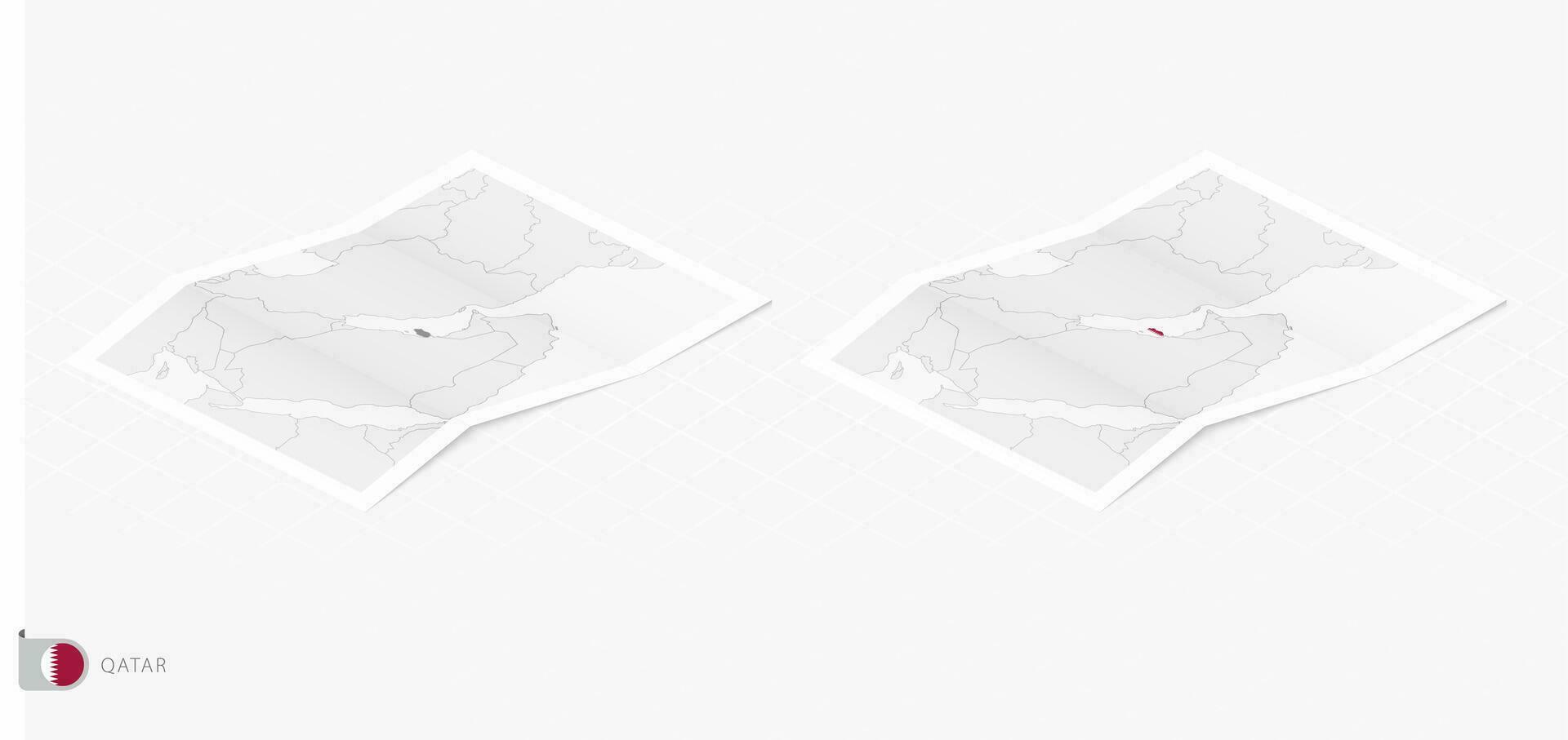 Set of two realistic map of Qatar with shadow. The flag and map of Qatar in isometric style. vector