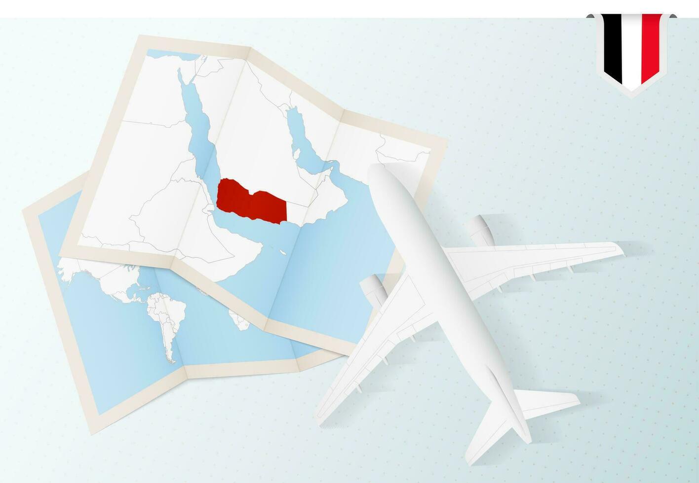 Travel to Yemen, top view airplane with map and flag of Yemen. vector