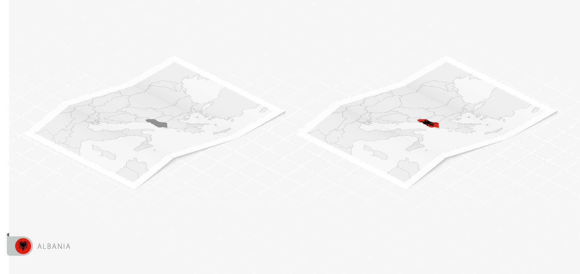 Set of two realistic map of Albania with shadow. The flag and map of Albania in isometric style. vector