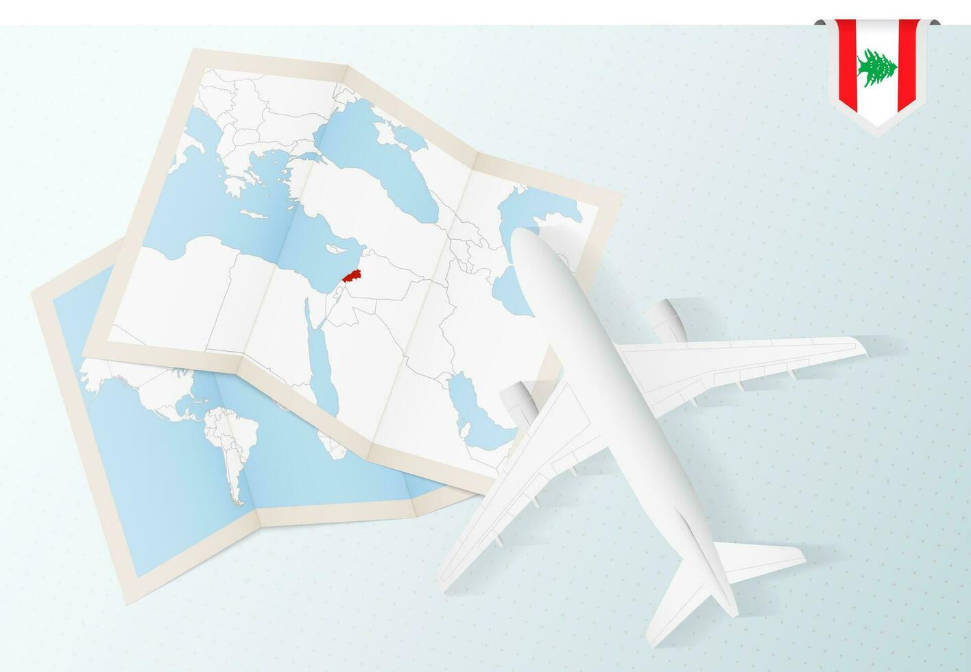 Travel to Lebanon, top view airplane with map and flag of Lebanon. vector