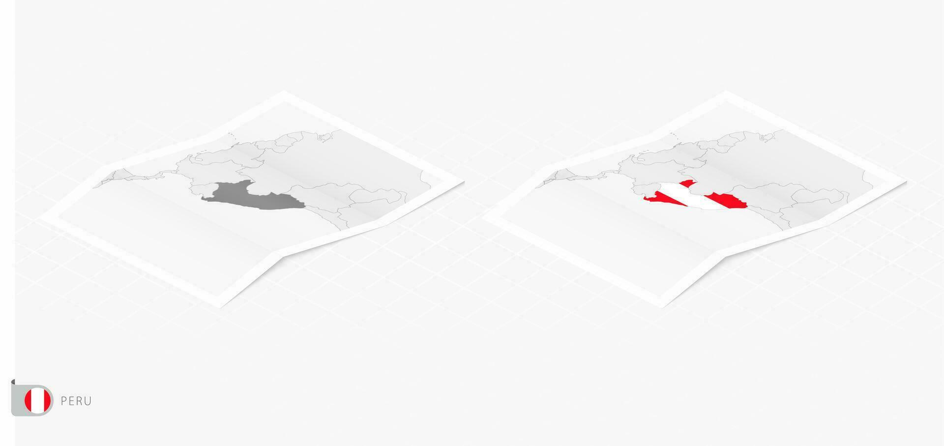 Set of two realistic map of Peru with shadow. The flag and map of Peru in isometric style. vector