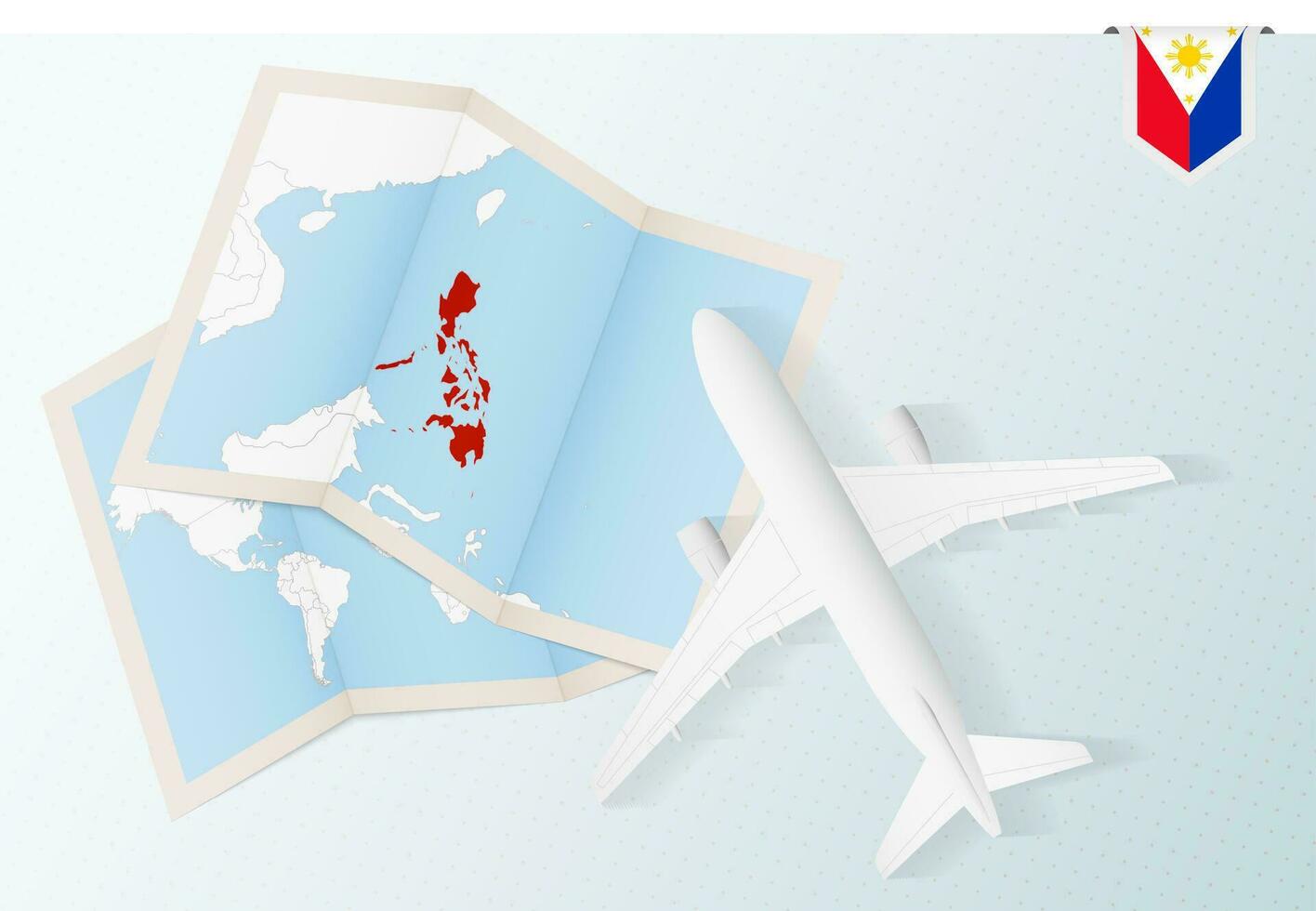 Travel to Philippines, top view airplane with map and flag of Philippines. vector