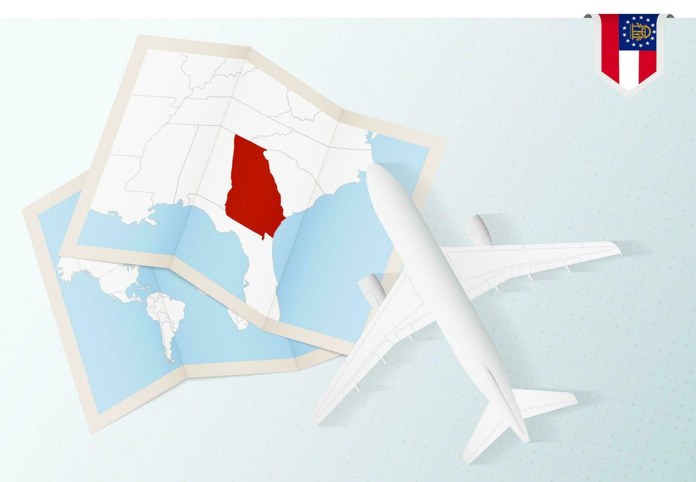 Travel to Georgia, top view airplane with map and flag of Georgia. vector