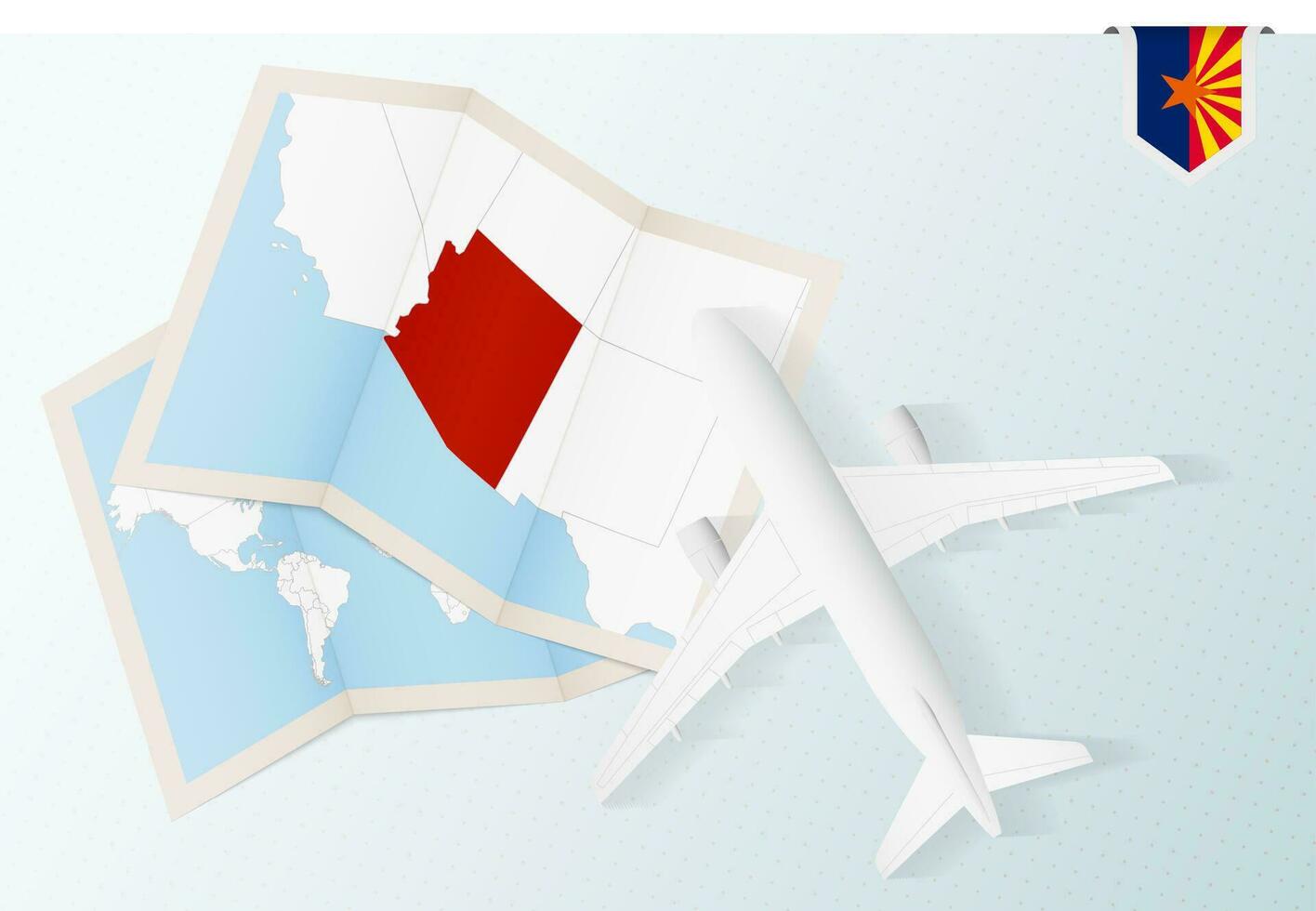 Travel to Arizona, top view airplane with map and flag of Arizona. vector