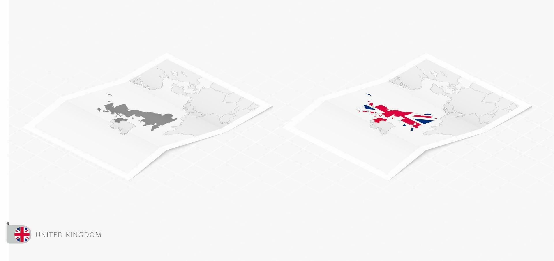 Set of two realistic map of United Kingdom with shadow. The flag and map of United Kingdom in isometric style. vector