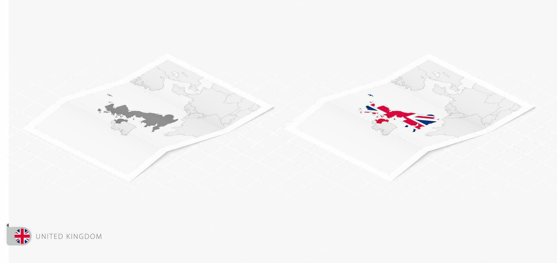 conjunto de dos realista mapa de unido Reino con sombra. el bandera y mapa de unido Reino en isométrica estilo. vector