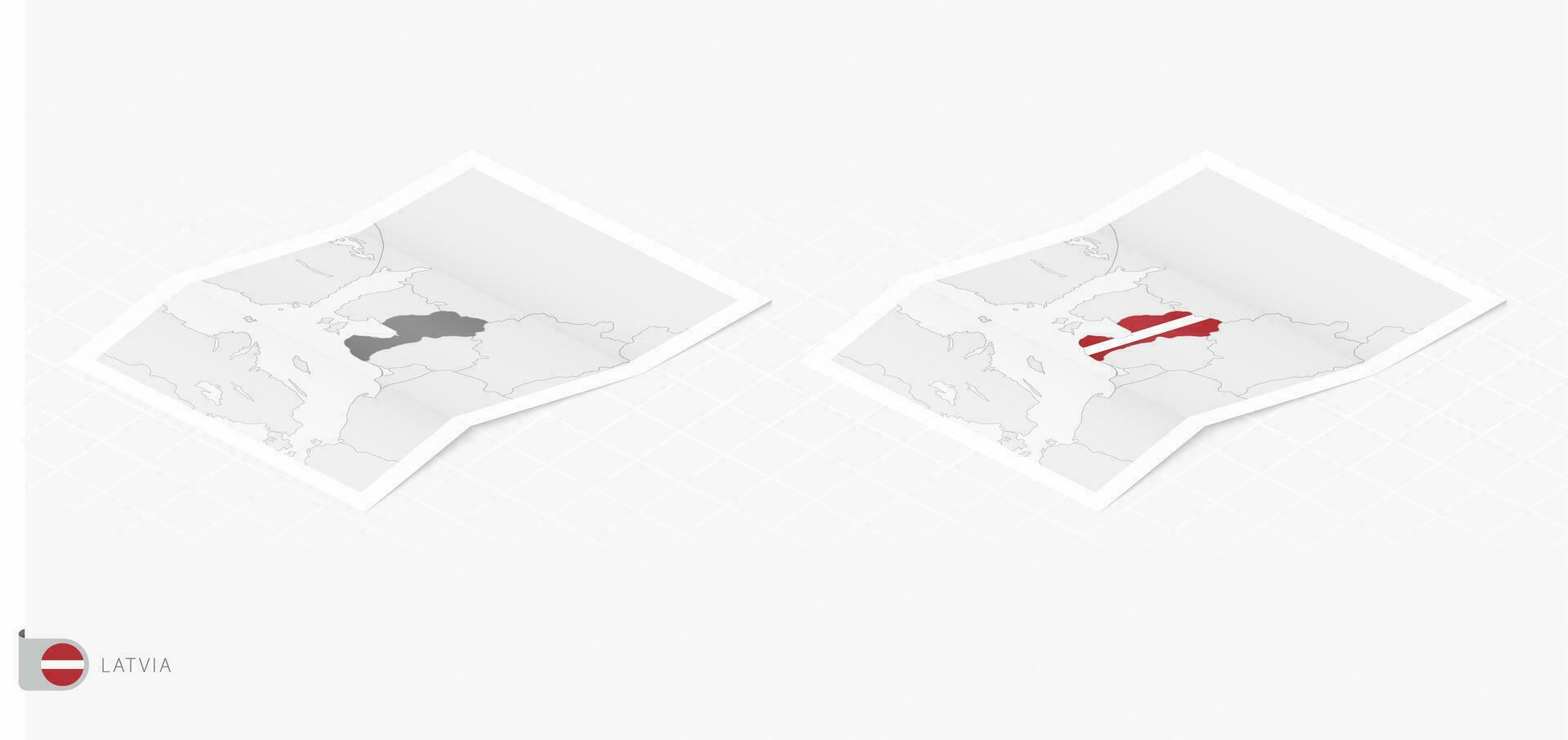 Set of two realistic map of Latvia with shadow. The flag and map of Latvia in isometric style. vector