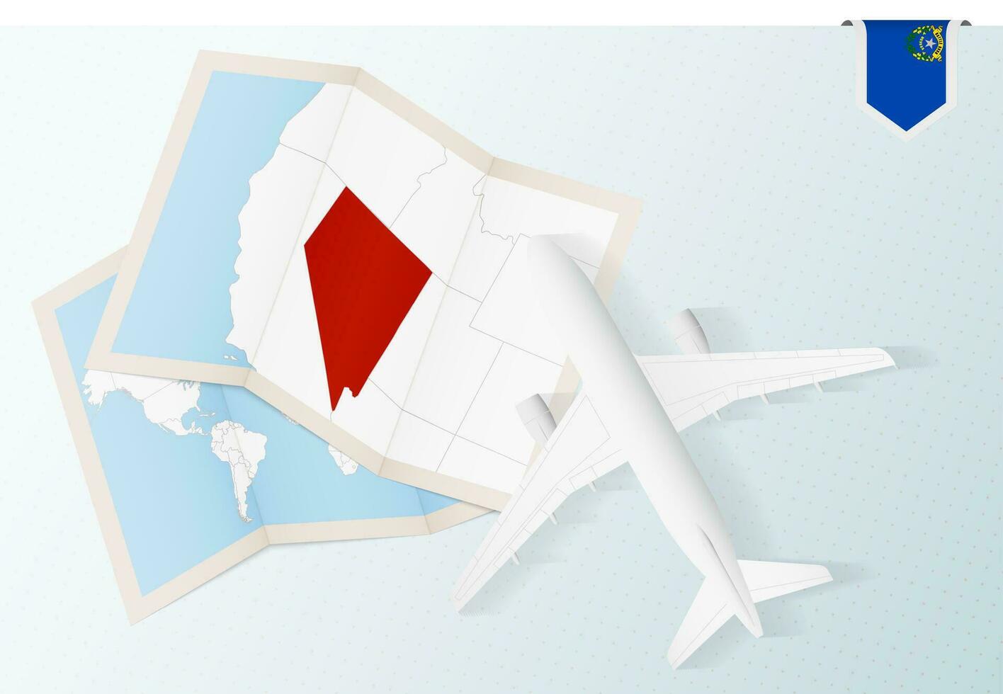 Travel to Nevada, top view airplane with map and flag of Nevada. vector