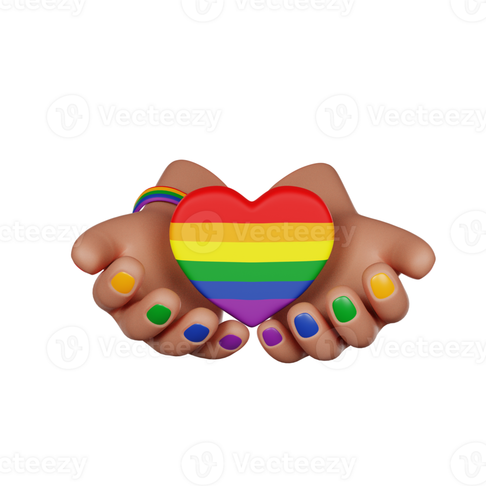 Hands hold LGBT Rainbow Heart, Pride Month, 3D render icon png