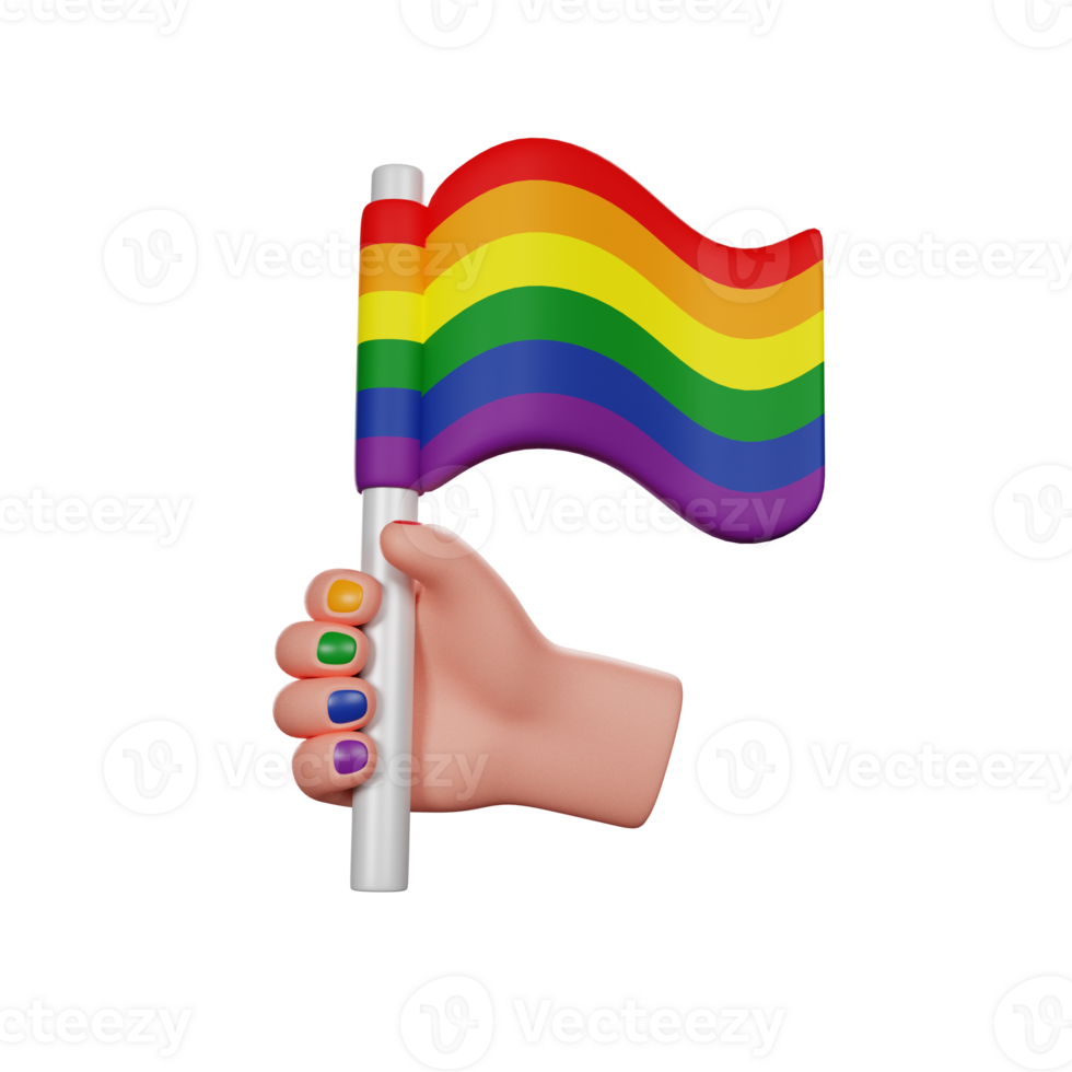 Hand holds Rainbow Flag, Pride Month, LGBTQ symbol, 3D render icon png