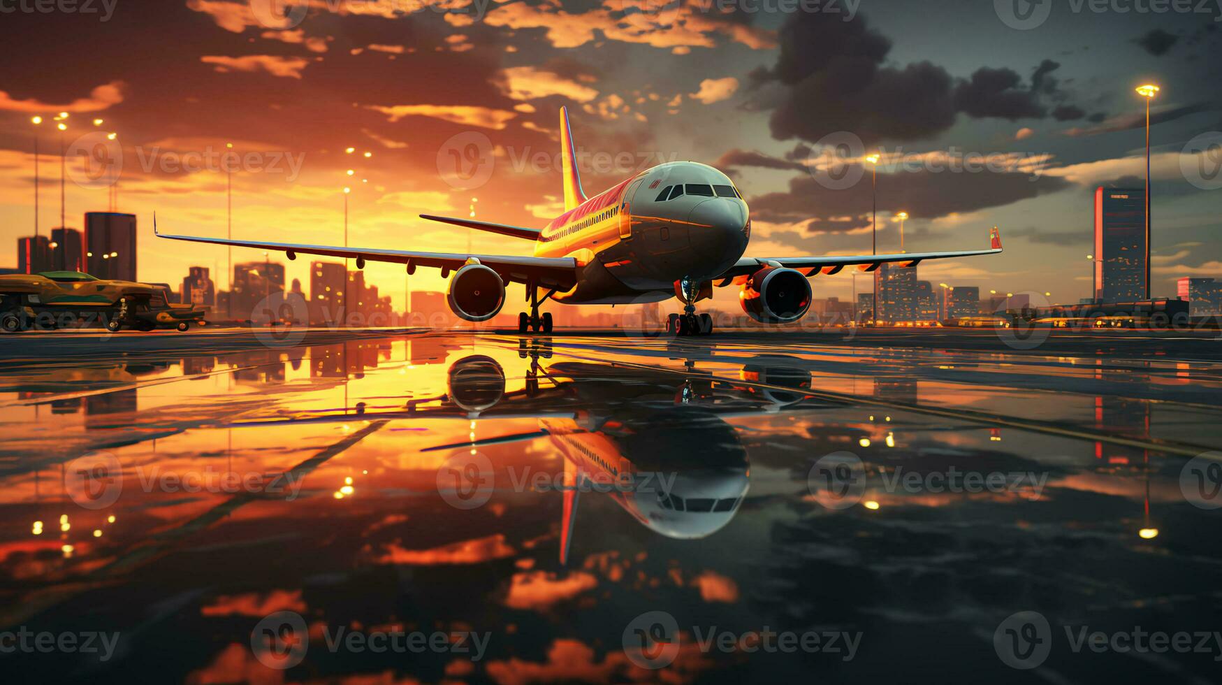 Large passenger plane on the runway at sunset. Vacation travel and flights concept photo