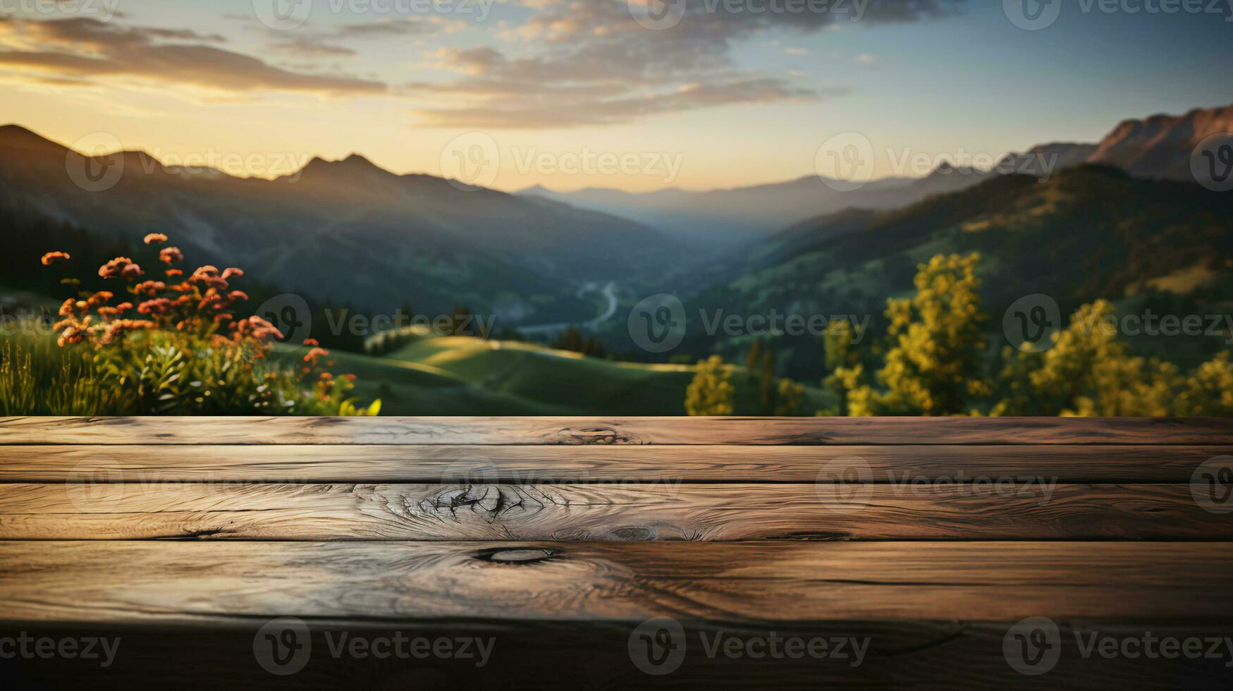 Wooden floor surface made of natural boards against the backdrop of forest and mountain nature photo