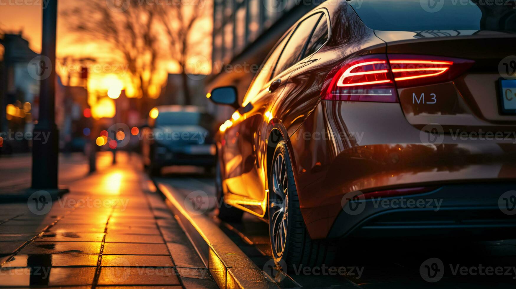 Side view of a car in a big city at sunset photo