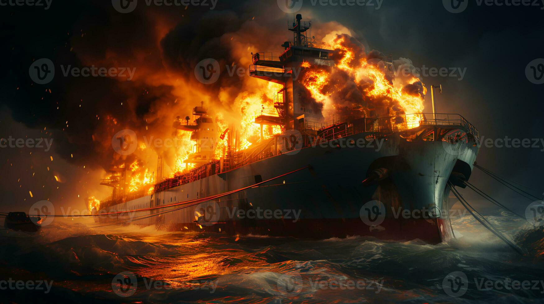 Large burning cargo ship tanker carrying oil in the sea or ocean photo