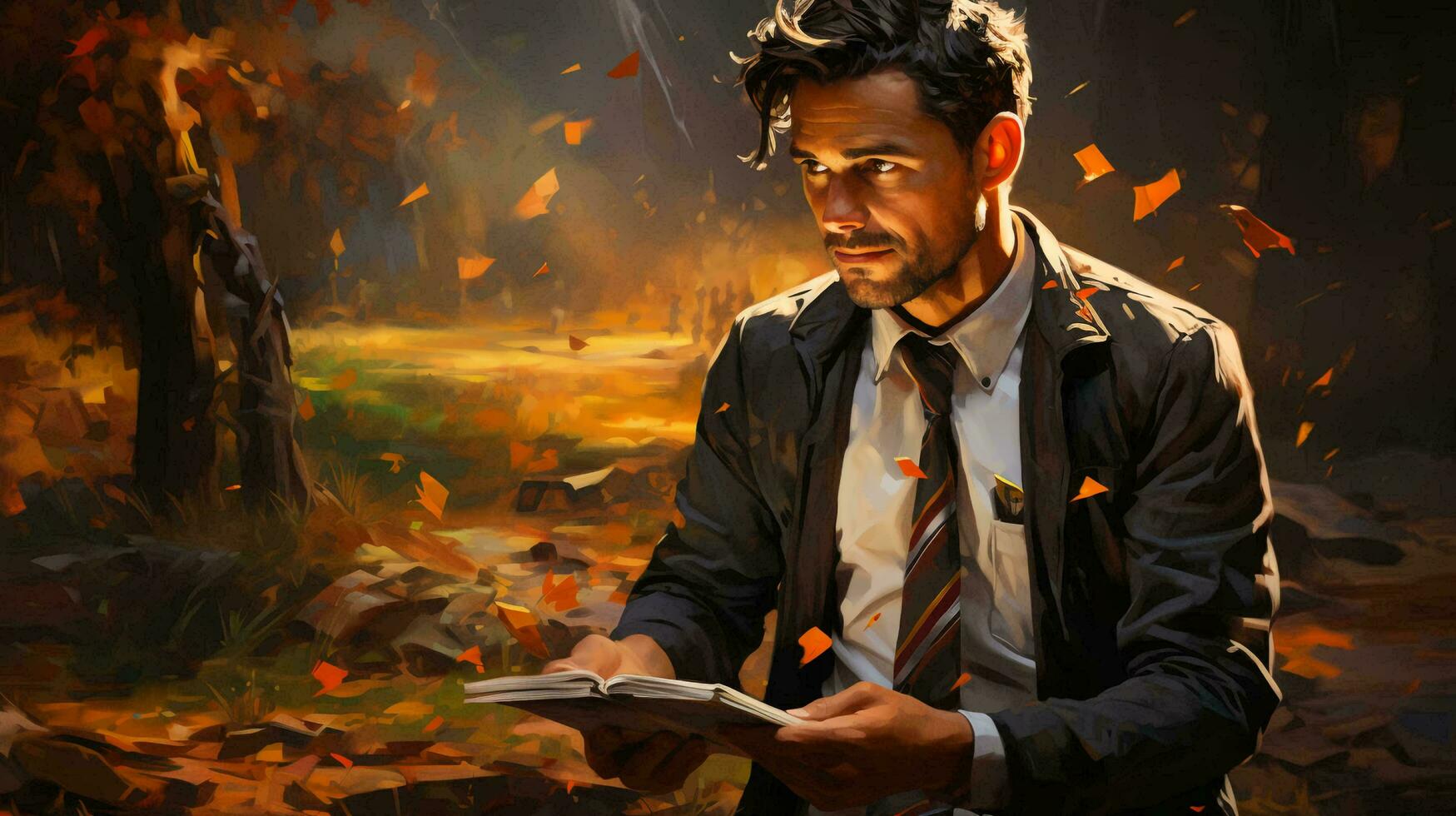 Handsome man holding a piece of paper document in his hands photo