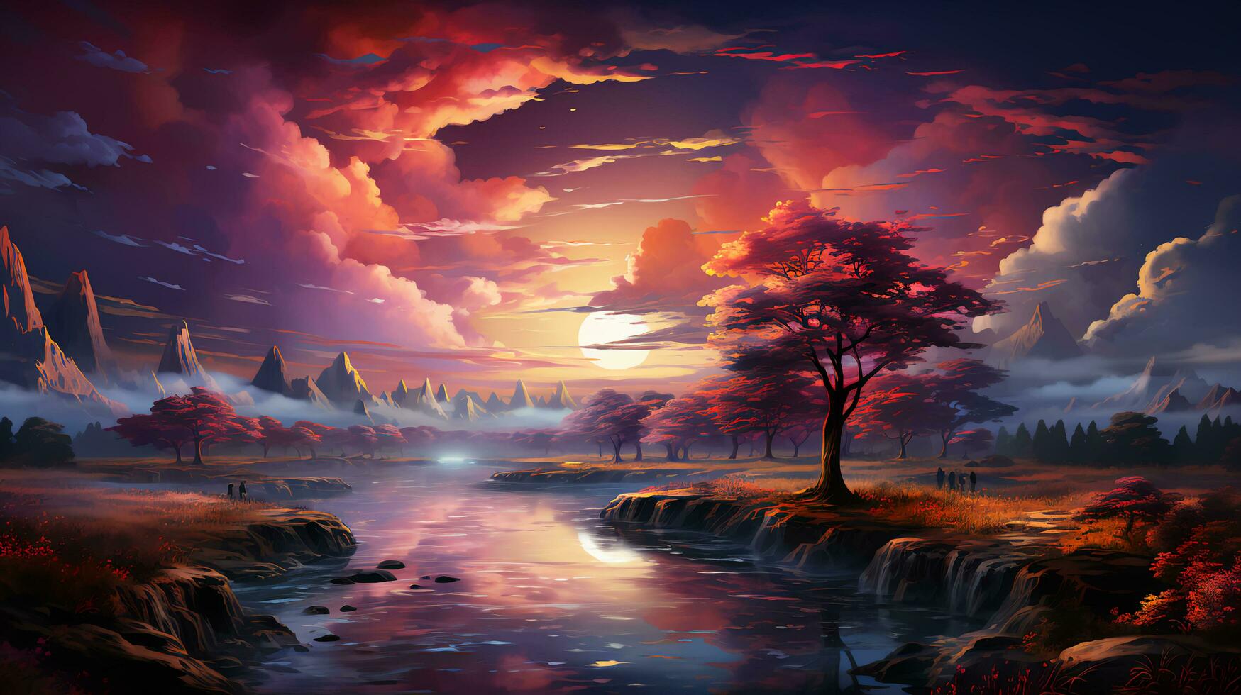 Abstract multi-colored fairy-tale trees against the background of a river and fields at sunset photo