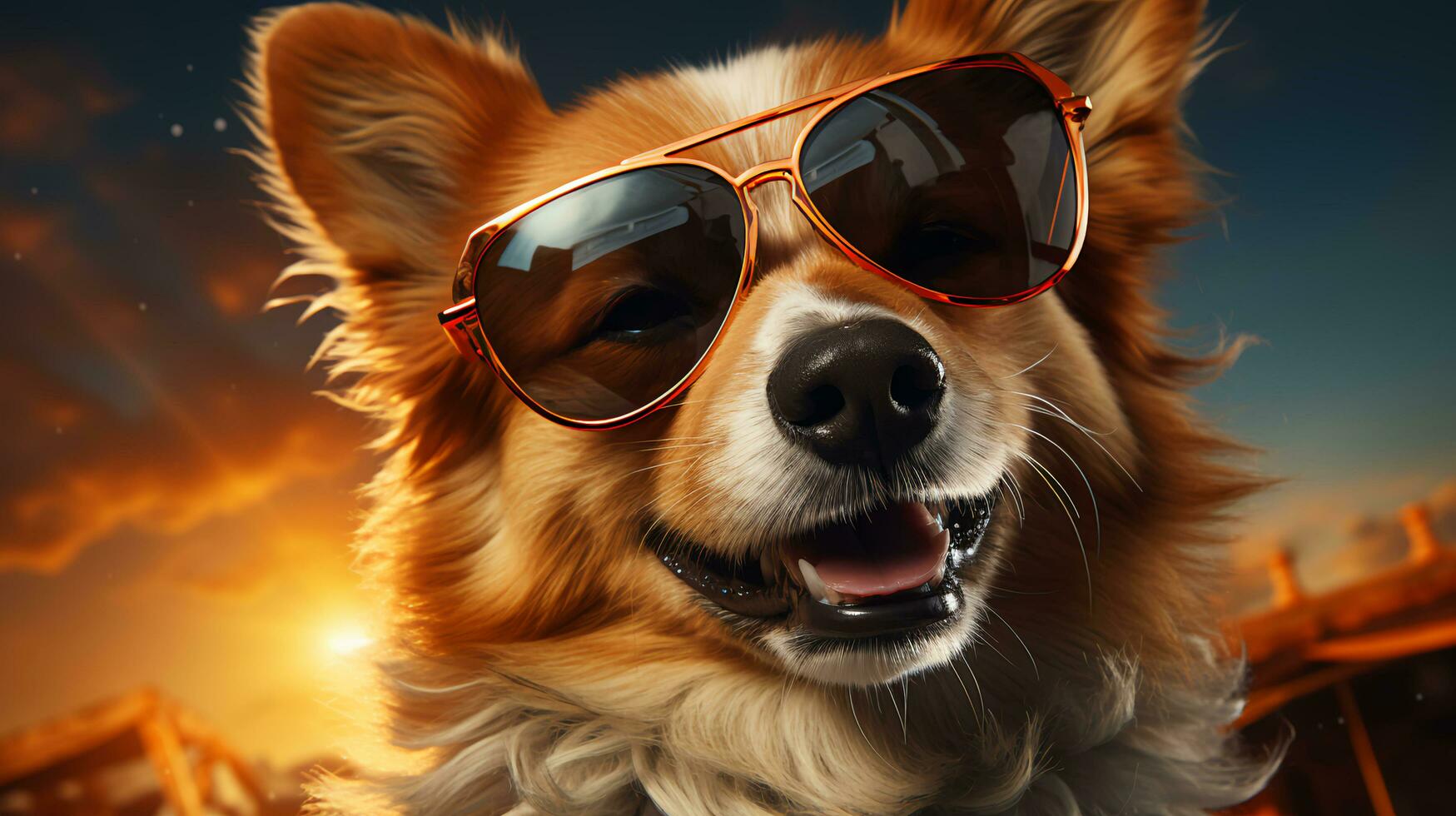 hermosa mullido corgi perro en Gafas de sol mentiras descansando en el Dom foto