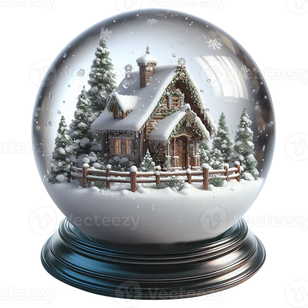 Sparkling snowball crystal with a vintage cottage in Christmas season AI generative png