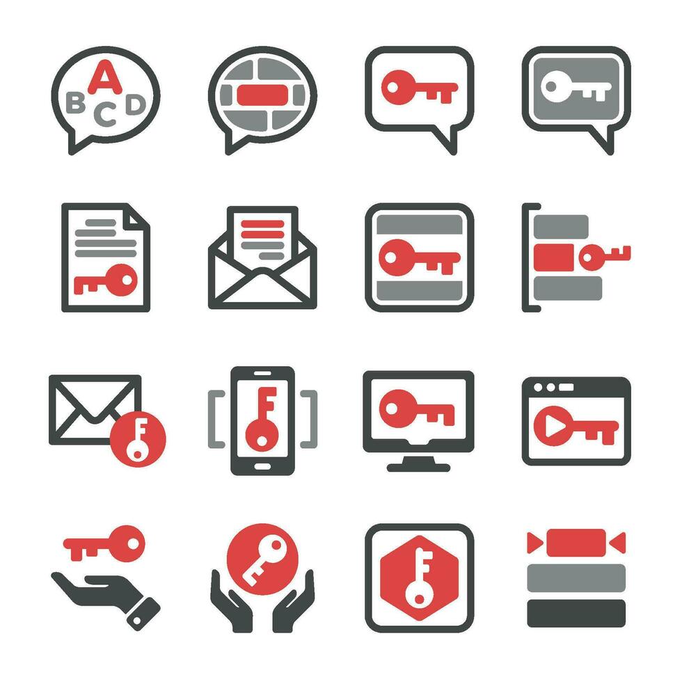 llave mensaje icono conjunto, vector y ilustración