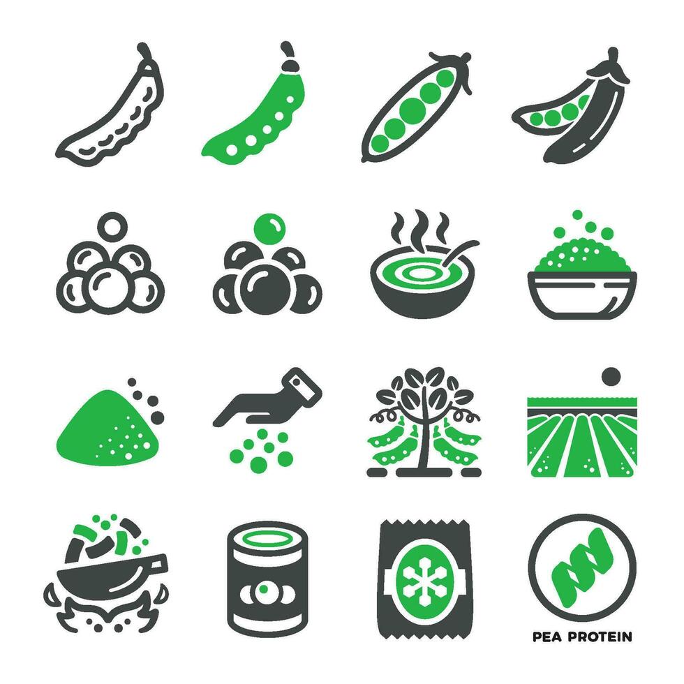 verde guisante icono conjunto, vector y ilustración