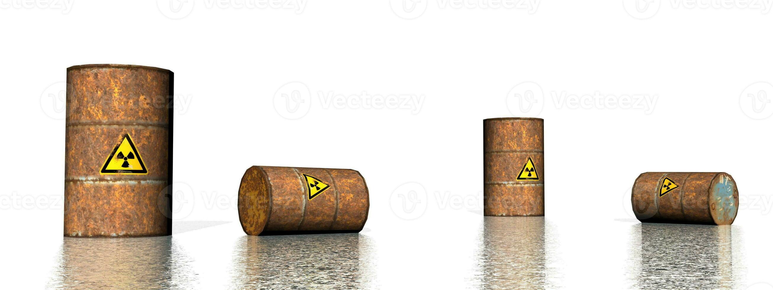 Four rusty toxic logo barrels - 3D render photo