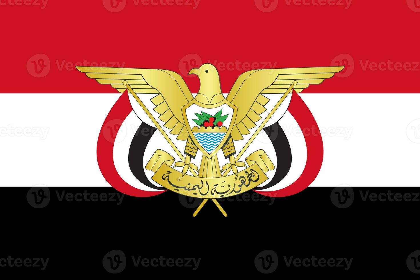 The official current flag and coat of arms of Republic of Yemen. State flag of Yemen. Illustration. photo