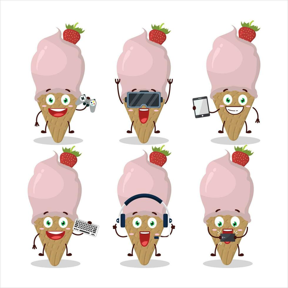 Ice cream strawberry cartoon character are playing games with various cute emoticons vector
