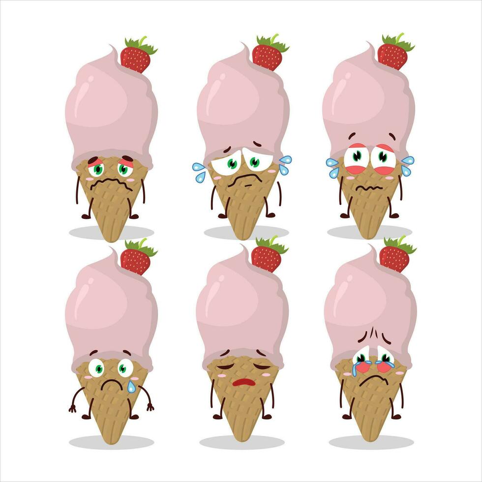 Ice cream strawberry cartoon character with sad expression vector